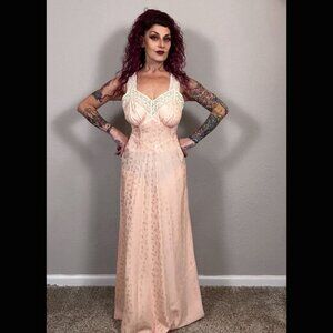 30s Pink Cherries Cream Lace Bias Cut Slip Dress Lingerie Gown Maxi Pinup 38